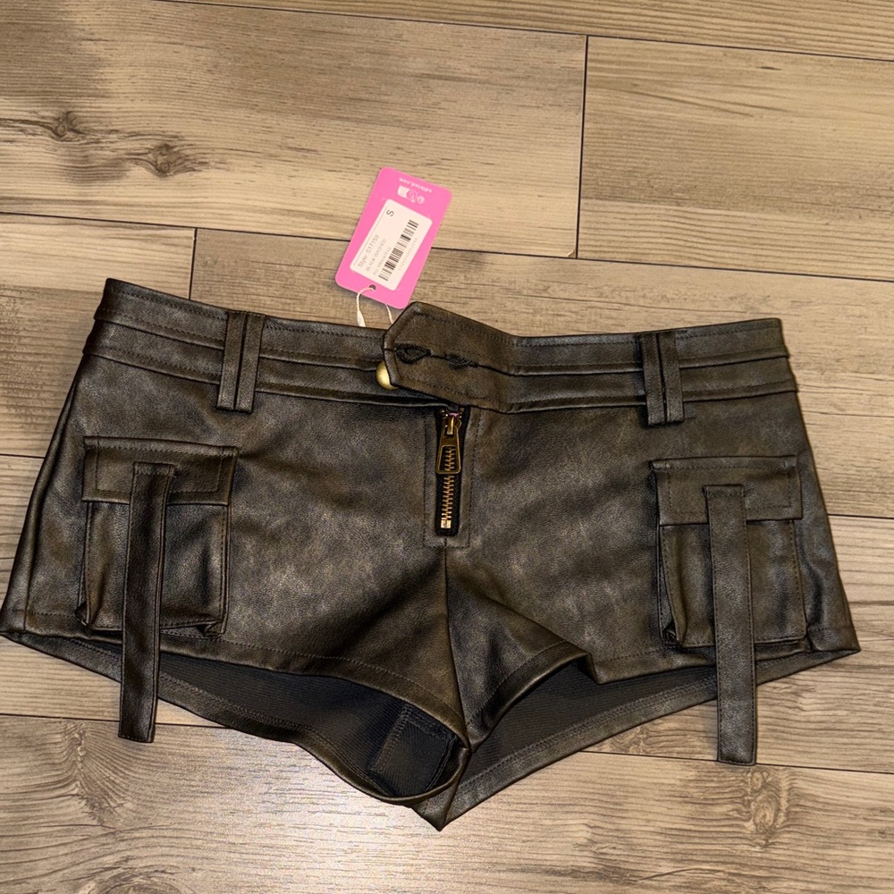 Edikted Black Faux Leather Cargo Shorts